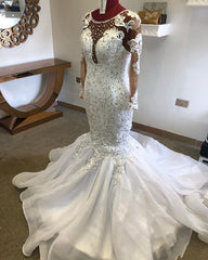 Chic Jewel Mermaid Longsleeves Wedding Dresses White Lace Bridal Gowns With Appliques On Sale-27dress