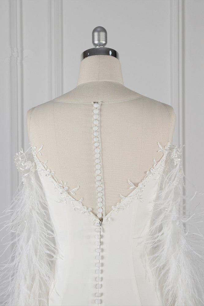 Chic Jewel Sleeveless White Chiffon Wedding Dress Mermaid Appliques Bridal Gowns with Fur Onsale-27dress