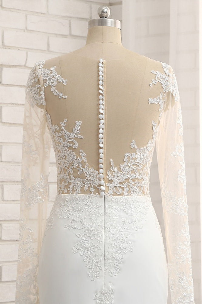 Chic Jewel White Chiffon Lace Wedding Dress Long Sleeves Applqiues Bridal Gowns On Sale-27dress
