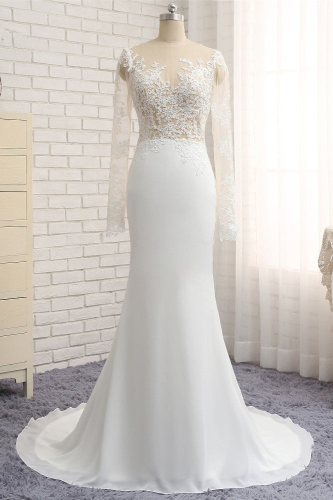 Chic Jewel White Chiffon Lace Wedding Dress Long Sleeves Applqiues Bridal Gowns On Sale-27dress