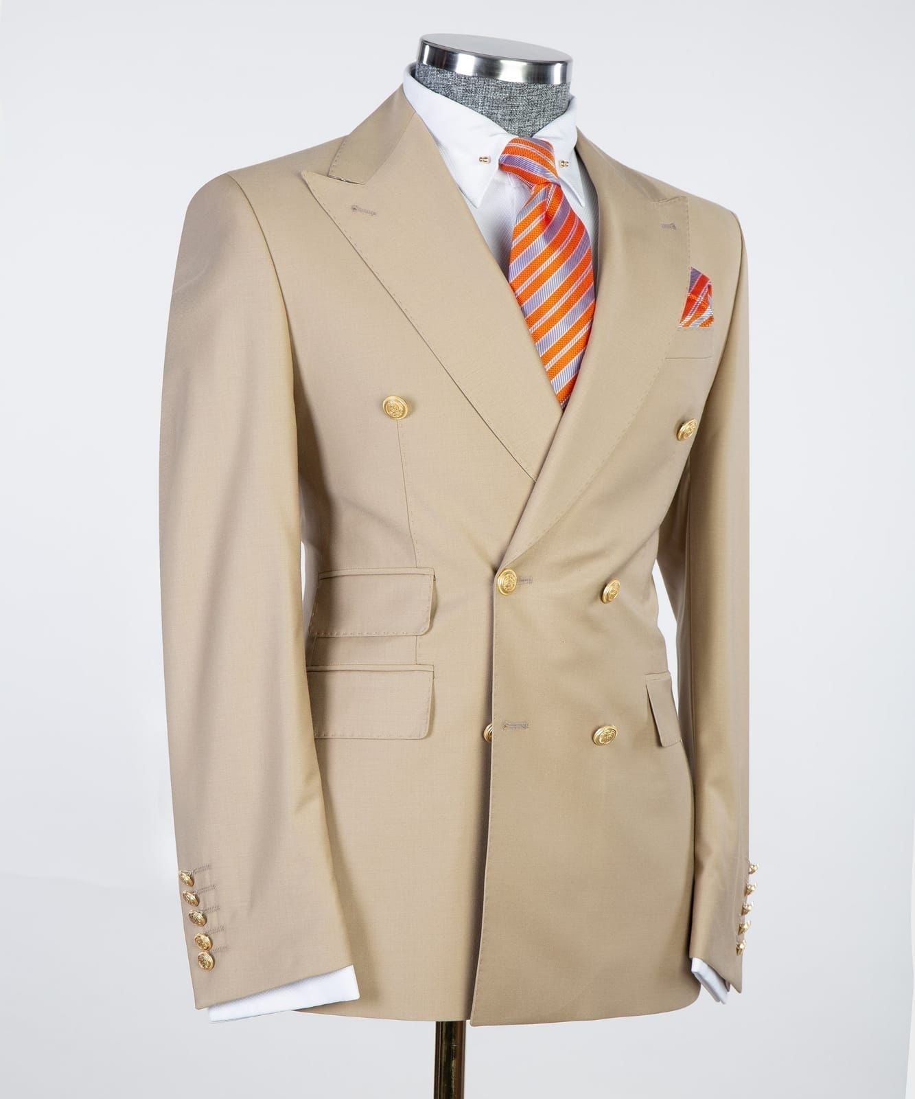 Chic khaki Double Breasted Peaked Lapel Men Suits For Business
