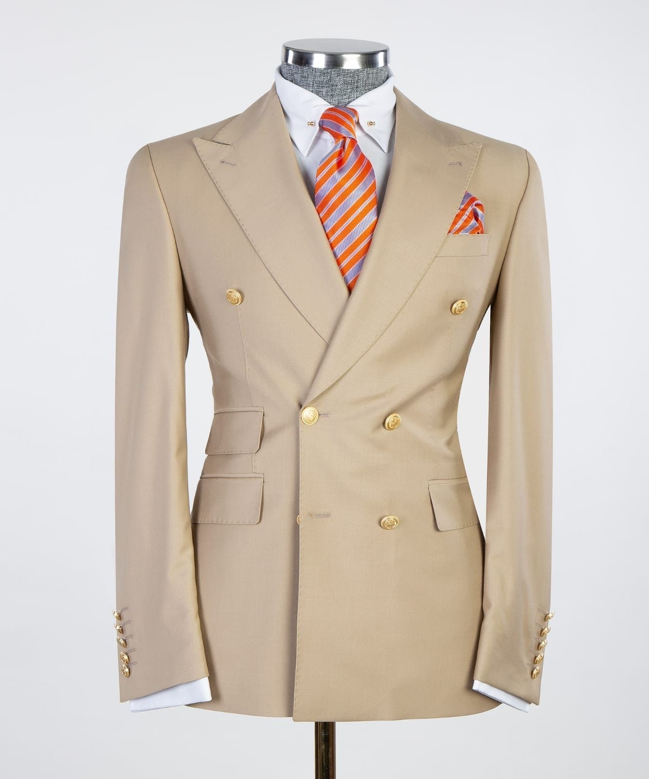 Chic khaki Double Breasted Peaked Lapel Men Suits For Business