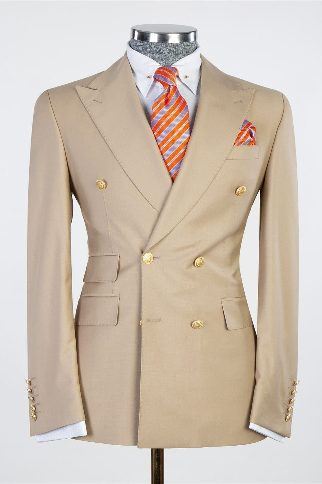 Chic khaki Double Breasted Peaked Lapel Men Suits For Business