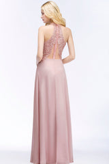 Chic Lace V-neck Pink Chiffon Bridesmaid Dress with Pearls-27dress