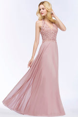 Chic Lace V-neck Pink Chiffon Bridesmaid Dress with Pearls-27dress