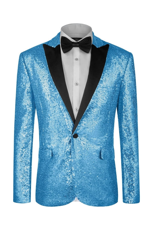Chic Light Peaked Lapel Sequins Blue Prom Suits For Men