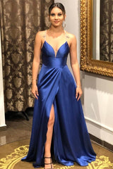 Chic Long Royal Blue Sleeveless Prom Dress Spaghetti Strap With Front Split