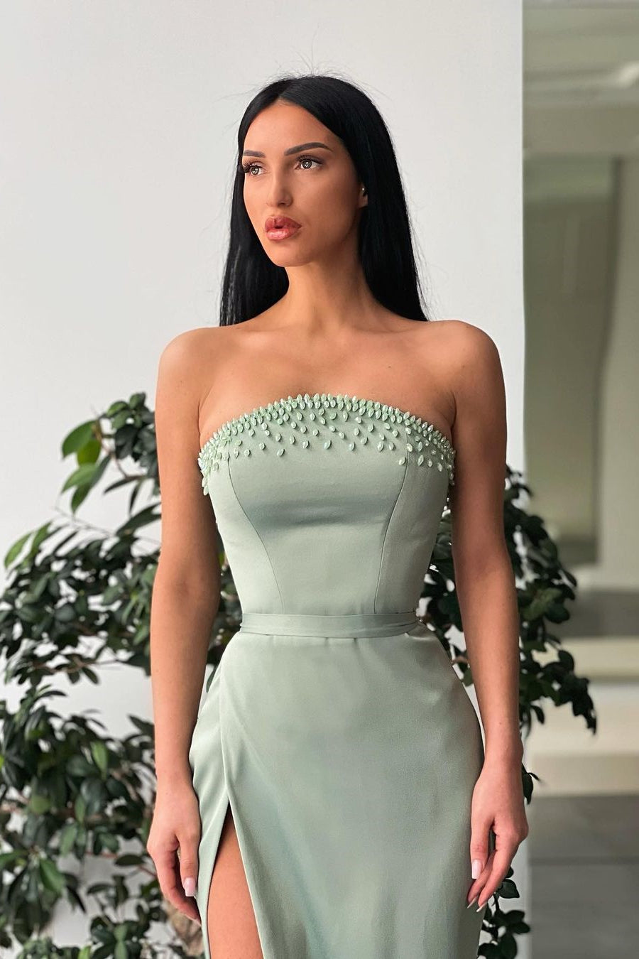 Chic Long Strapless Sleeveless Mermaid Beadings Prom Dress With High Split