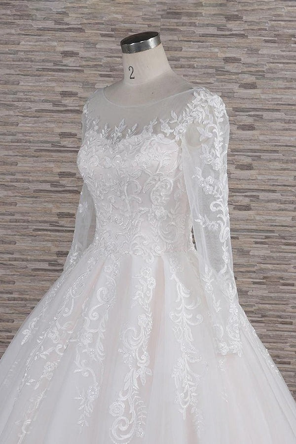 Chic Longsleeves Jewel Tulle Wedding Dresses A-line Bridal Gowns With Appliques Online-27dress