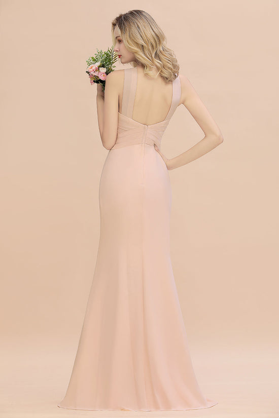 Chic Mermaid Keyhole Pink Chiffon Long Bridesmaid Dress Affordable with Ruffle-27dress