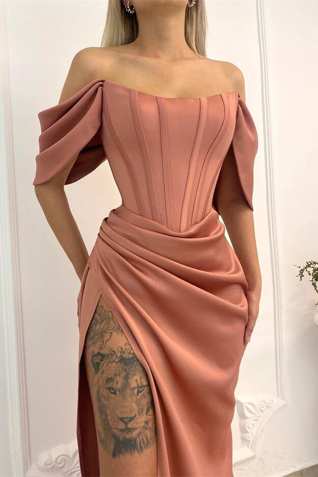 Chic Mermaid Sleeveless Off the Shoulder Long Pleated Prom Dress With Split