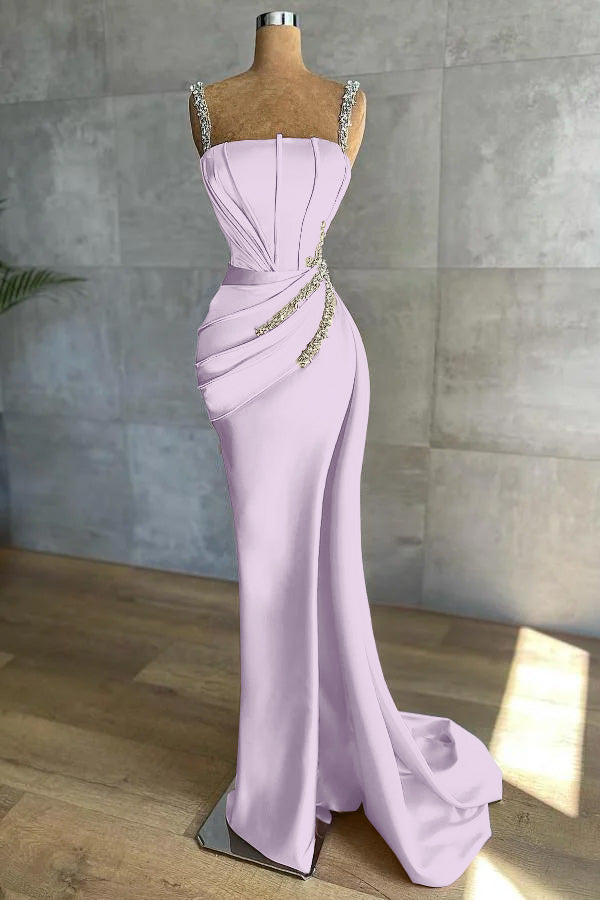 Chic Mermaid Straps Sleeveless Appliques Beadings Prom Dress With Pleated