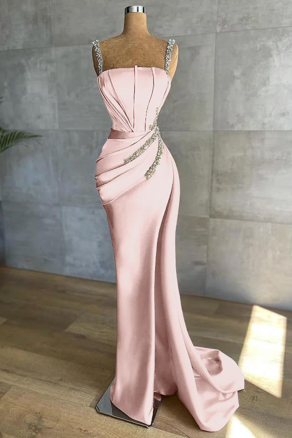 Chic Mermaid Straps Sleeveless Appliques Beadings Prom Dress With Pleated