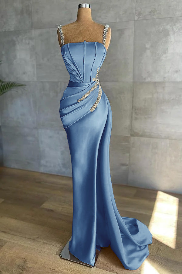 Chic Mermaid Straps Sleeveless Appliques Beadings Prom Dress With Pleated