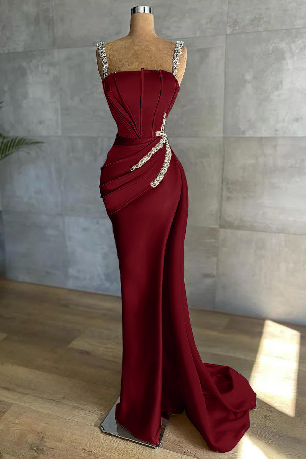 Chic Mermaid Straps Sleeveless Appliques Beadings Prom Dress With Pleated