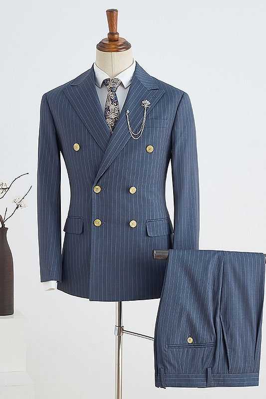 Chic Double Breasted Peaked Lapel Navy Blue Business Suits