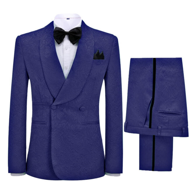 Chic Jacquard Shawl Lapel Double Breasted Navy Blue Prom Suits