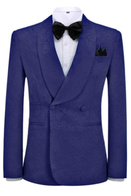 Chic Jacquard Shawl Lapel Double Breasted Navy Blue Prom Suits