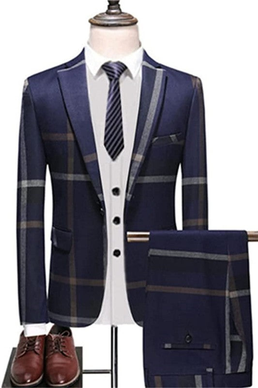 Chic Plaid Peaked Lapel Navy Blue Prom Suits for Men