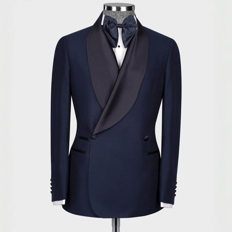 Chic Shawl Lapel Double Breasted Navy Blue Wedding Suits