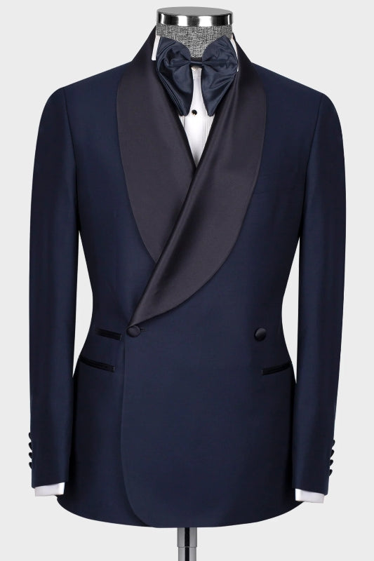 Chic Shawl Lapel Double Breasted Navy Blue Wedding Suits