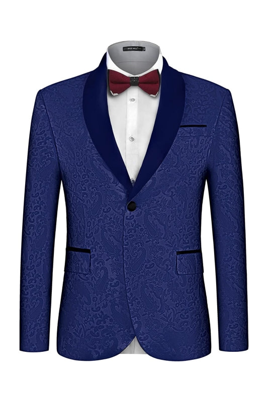 Chic Navy Blue Shawl Lapel Two Pieces Jacquard Men Suits For Wedding