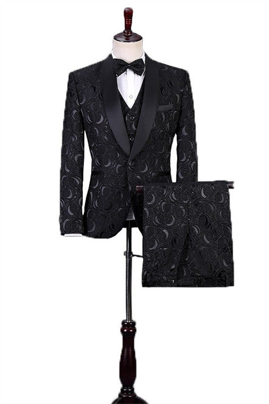 Chic Newest Jacquard Three Pieces Shawl Lapel Black Wedding Suits