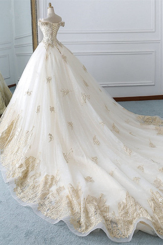 Chic Off-the-Shoulder White Tulle Wedding Dress Sweetheart Sleeveless Champagne Appliques Bridal Gowns Online-27dress