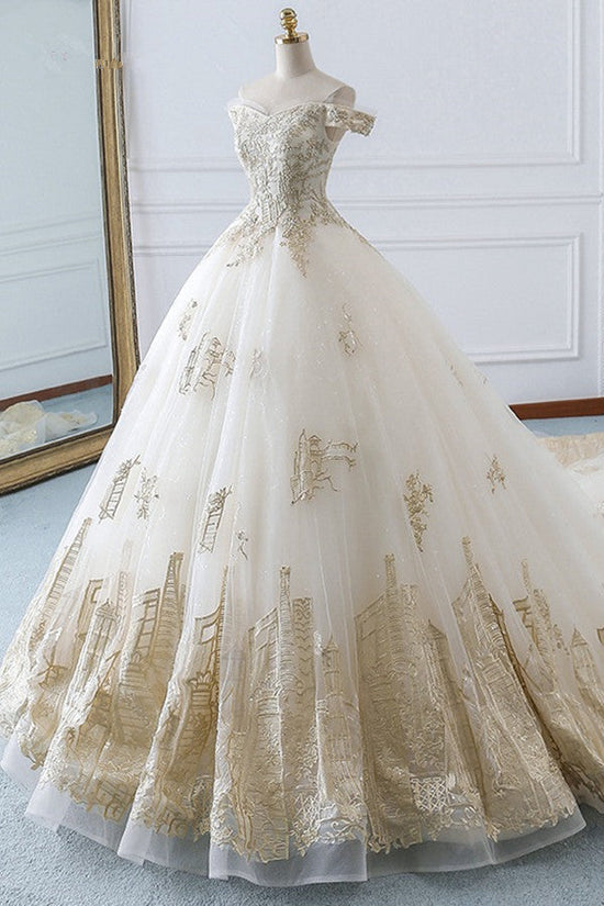 Chic Off-the-Shoulder White Tulle Wedding Dress Sweetheart Sleeveless Champagne Appliques Bridal Gowns Online-27dress