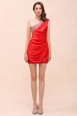 Chic One Shoulder Beading Ruffle Red Bridesmaid Dress with Detachable Skirt-27dress