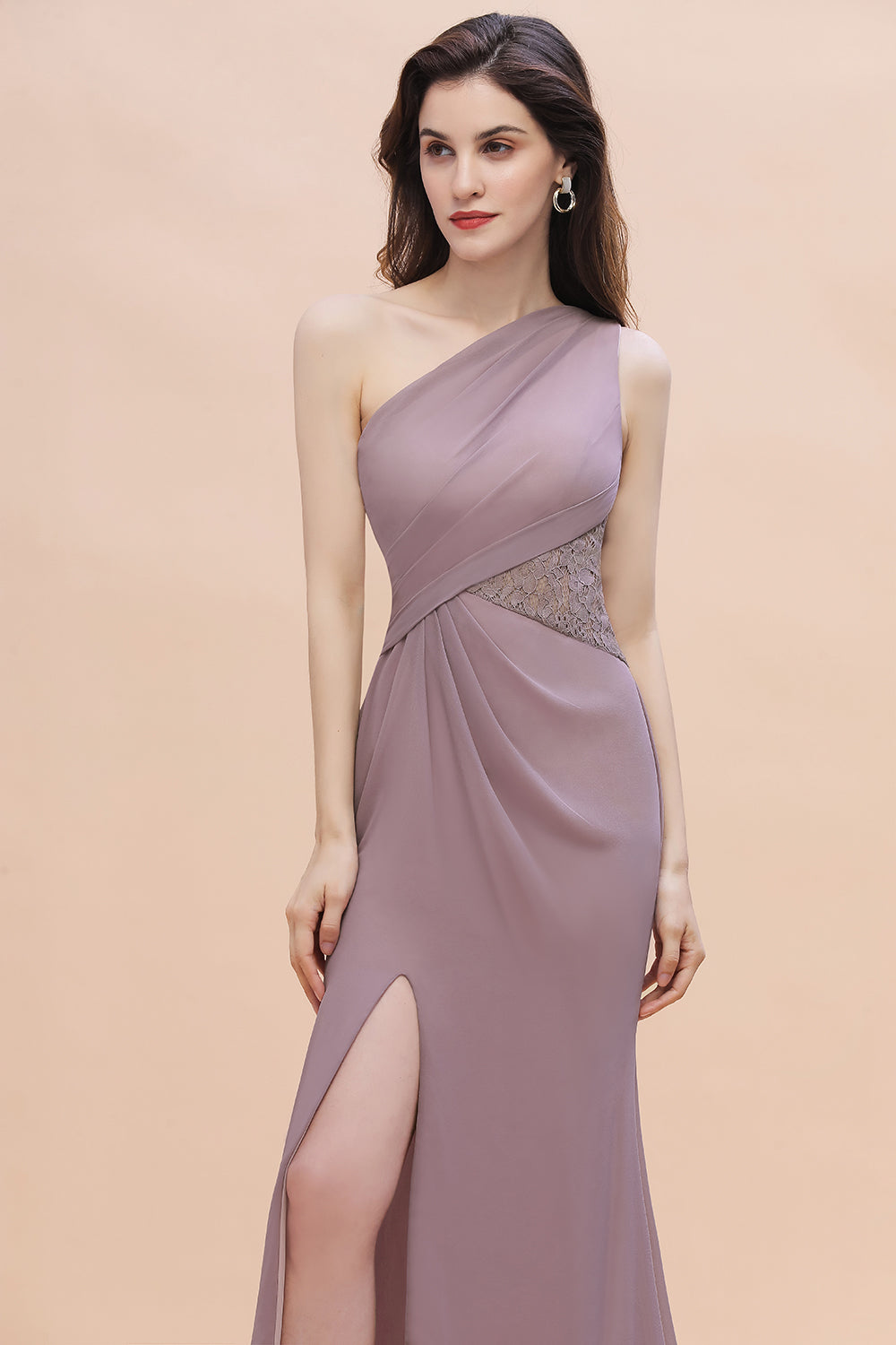 Chic One-Shoulder Dusk Chiffon Lace Ruffle Bridesmaid Dress with Front Slit On Sale-27dress