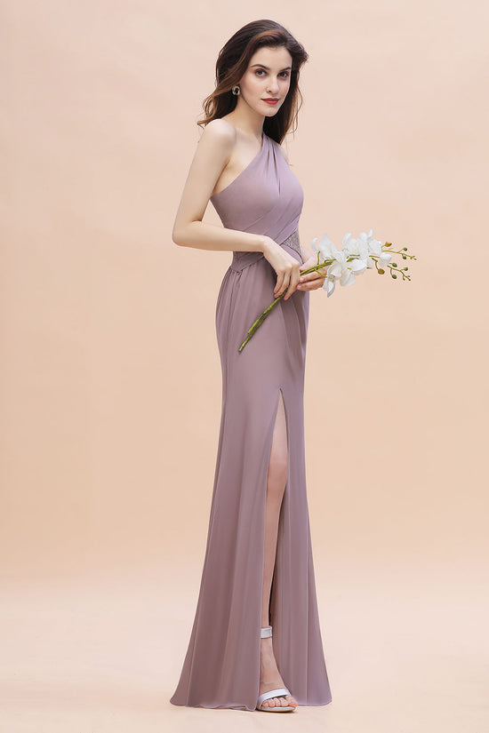 Chic One-Shoulder Dusk Chiffon Lace Ruffle Bridesmaid Dress with Front Slit On Sale-27dress