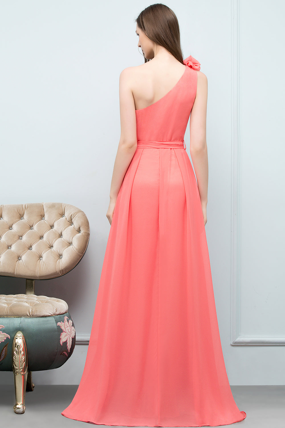Chic One Shoulder Flower Long Bridesmaid Dresses with Bow Sash 27dress Chic One Shoulder Flower Long Bridesmaid Dresses with Bow Sash 27dress