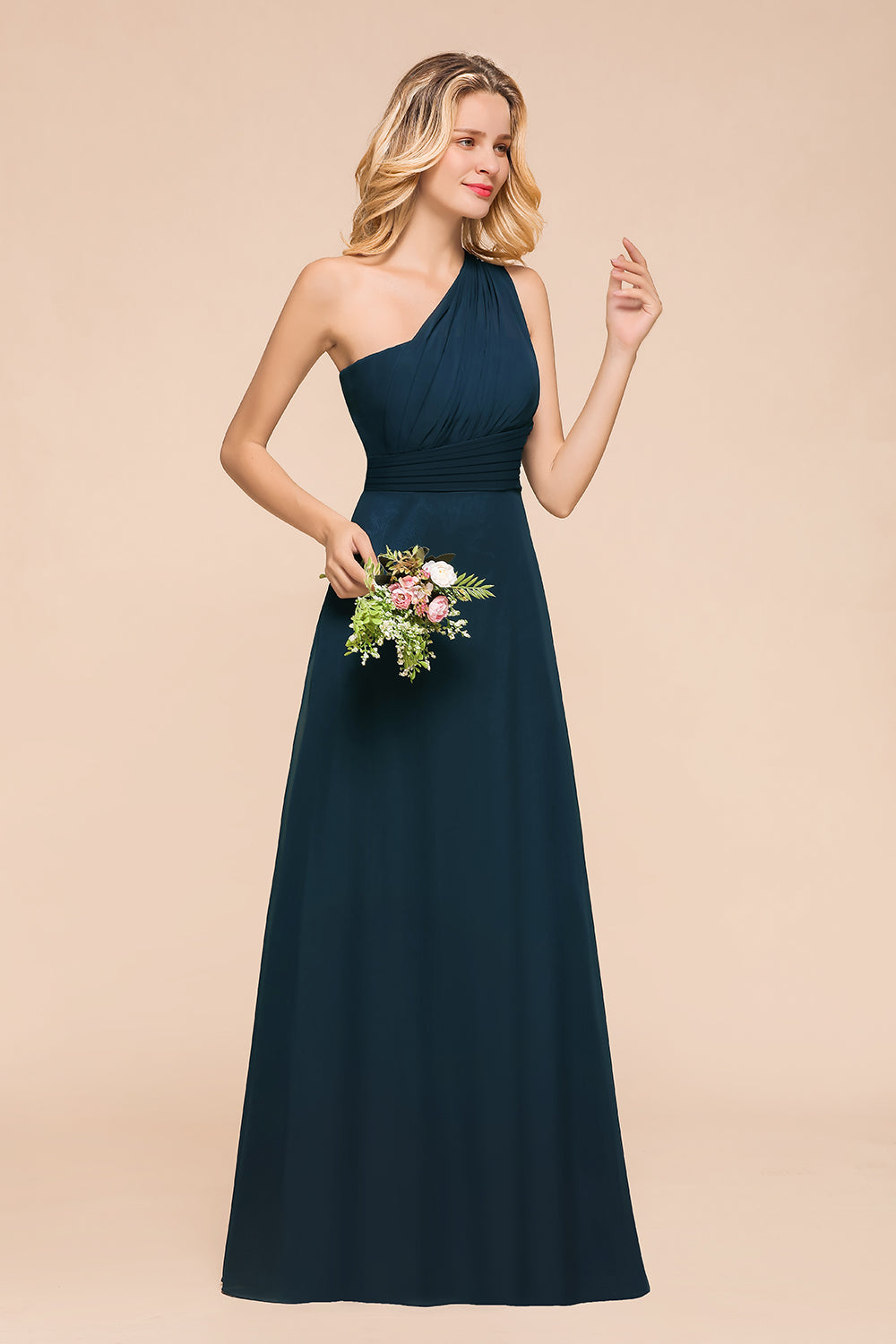 Chic One Shoulder Navy Chiffon Bridesmaid Dresses with Ruffle-27dress