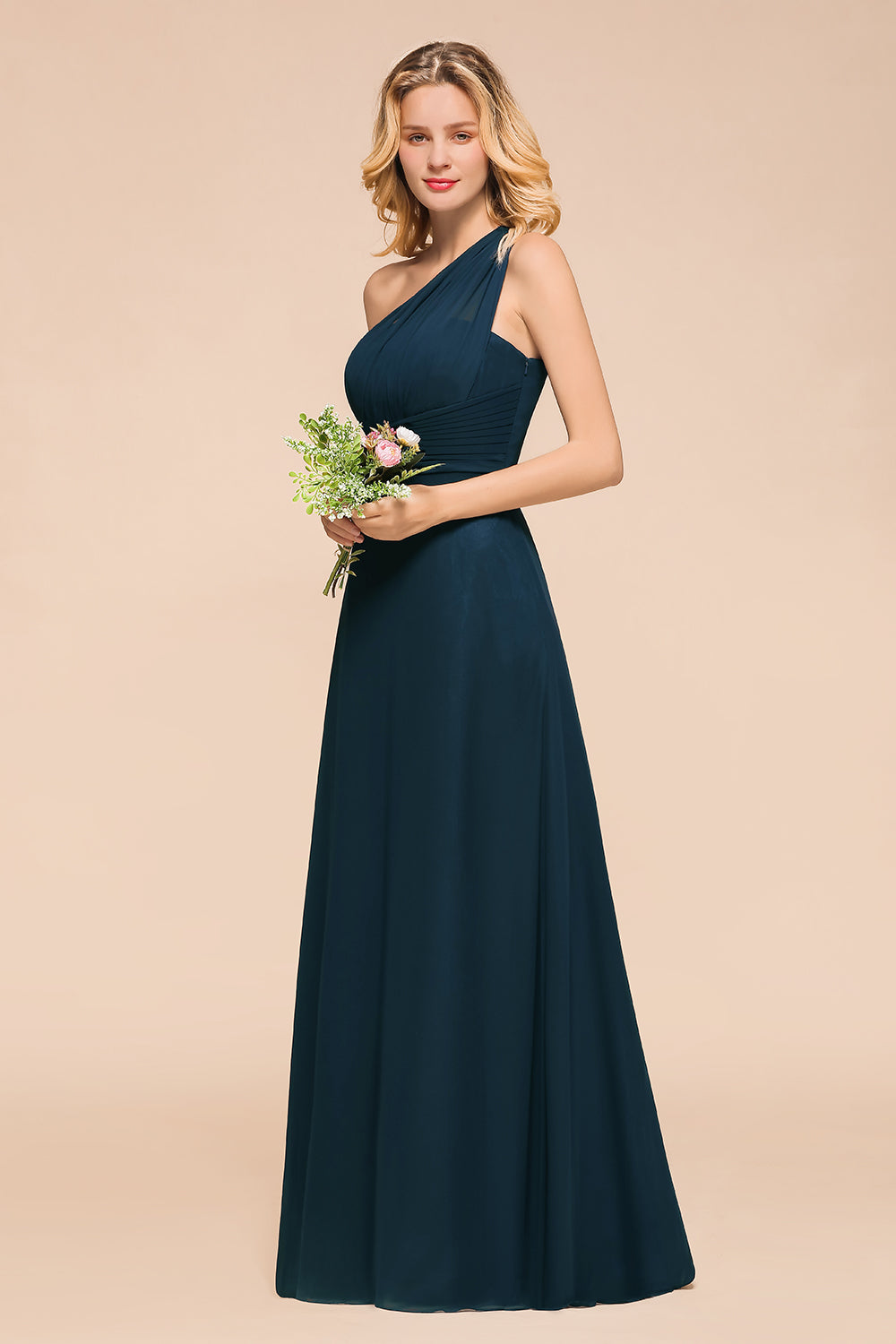 Chic One Shoulder Navy Chiffon Bridesmaid Dresses with Ruffle-27dress