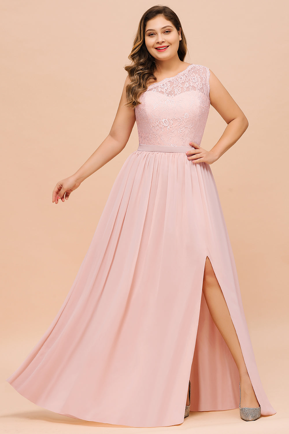 Chic One-Shoulder Pink Lace Bridesmaid Dresses with Slit 27dress Chic One-Shoulder Pink Lace Bridesmaid Dresses with Slit 27dress
