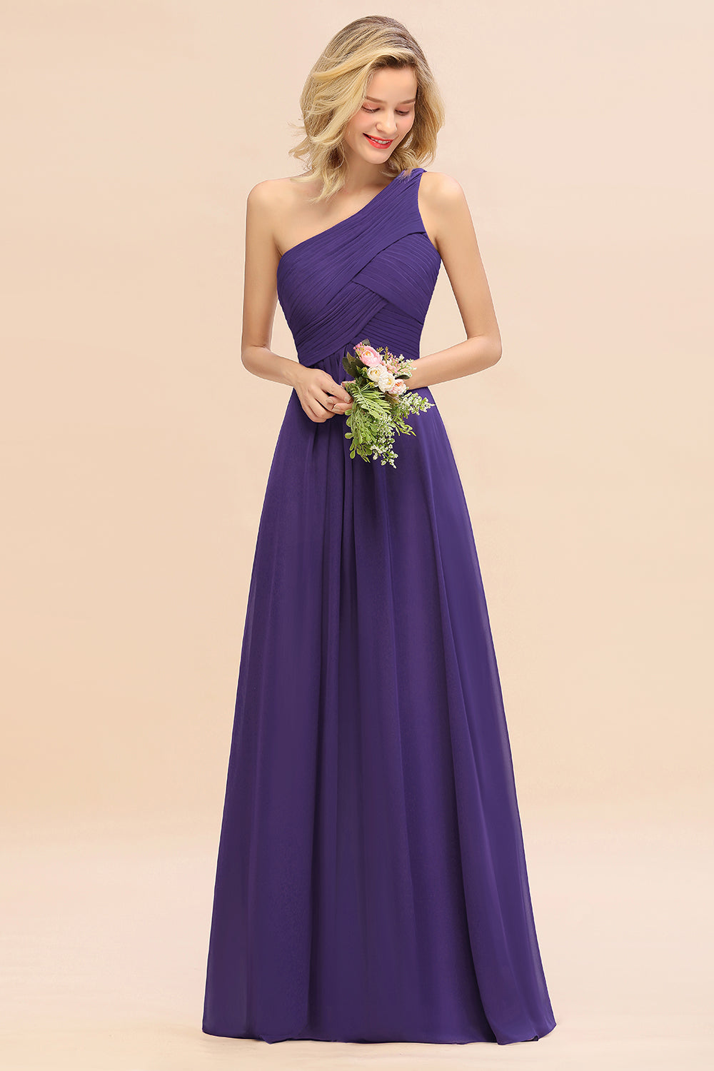 Chic One Shoulder Ruffle Grape Chiffon Bridesmaid Dresses Online-27dress