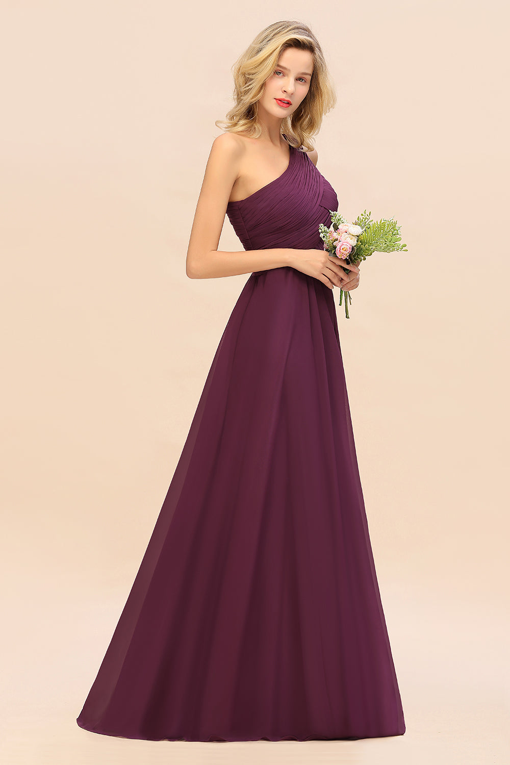 Chic One Shoulder Ruffle Grape Chiffon Bridesmaid Dresses Online-27dress