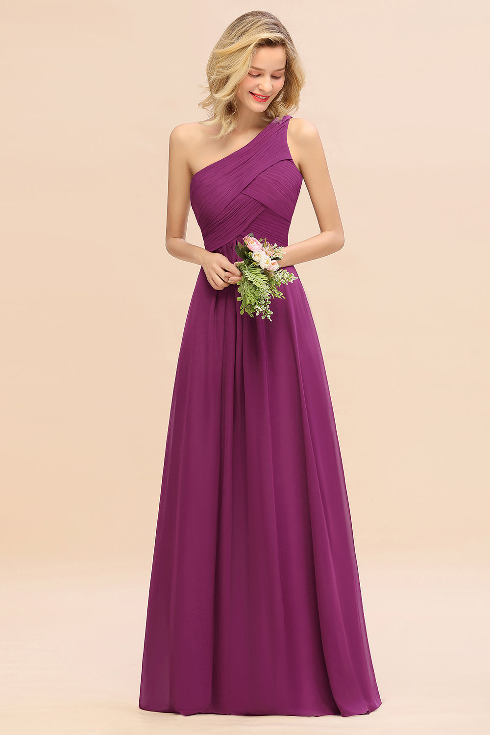 Chic One Shoulder Ruffle Grape Chiffon Bridesmaid Dresses Online-27dress