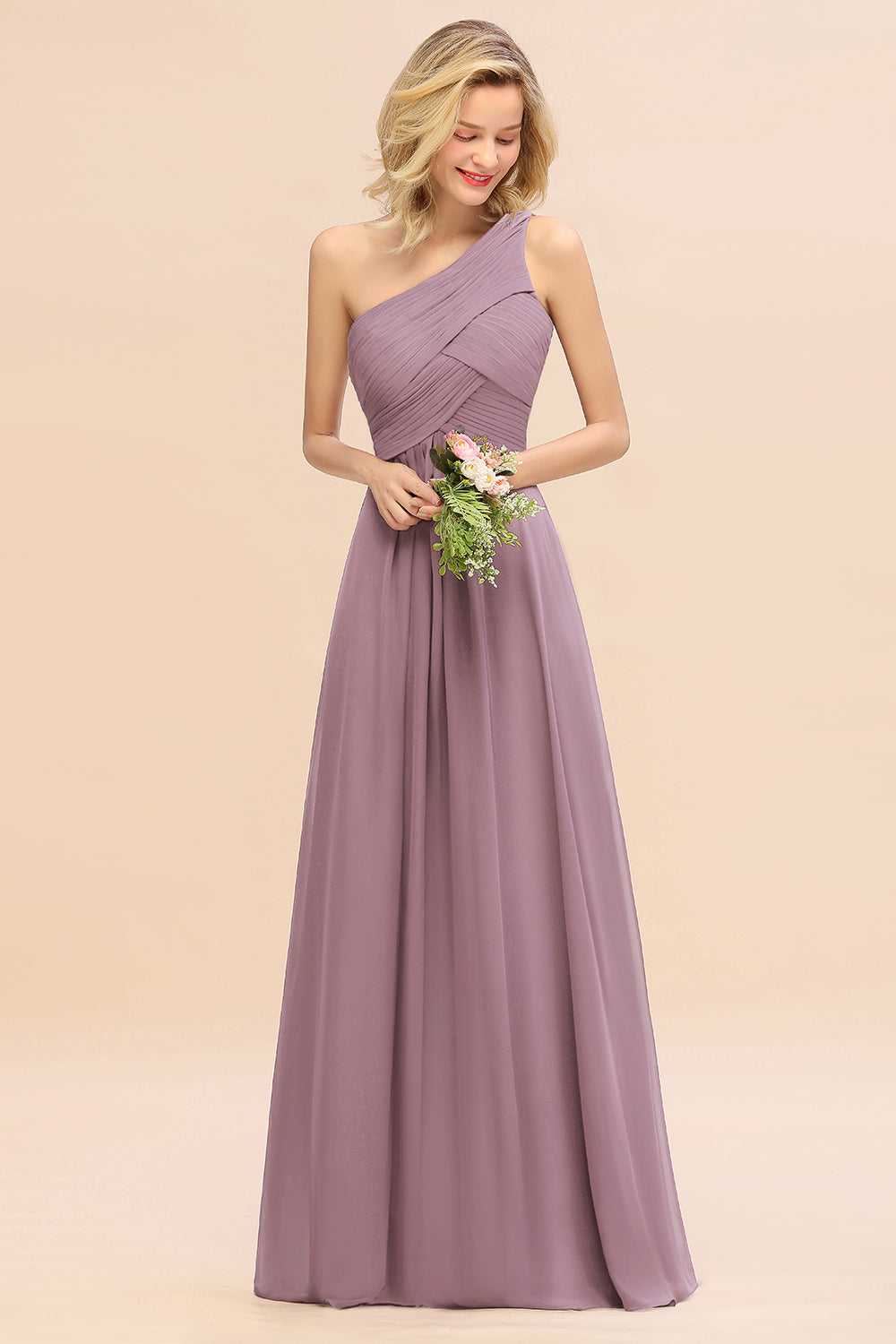 Chic One Shoulder Ruffle Grape Chiffon Bridesmaid Dresses Online-27dress