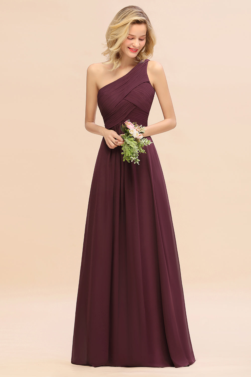 Chic One Shoulder Ruffle Grape Chiffon Bridesmaid Dresses Online-27dress