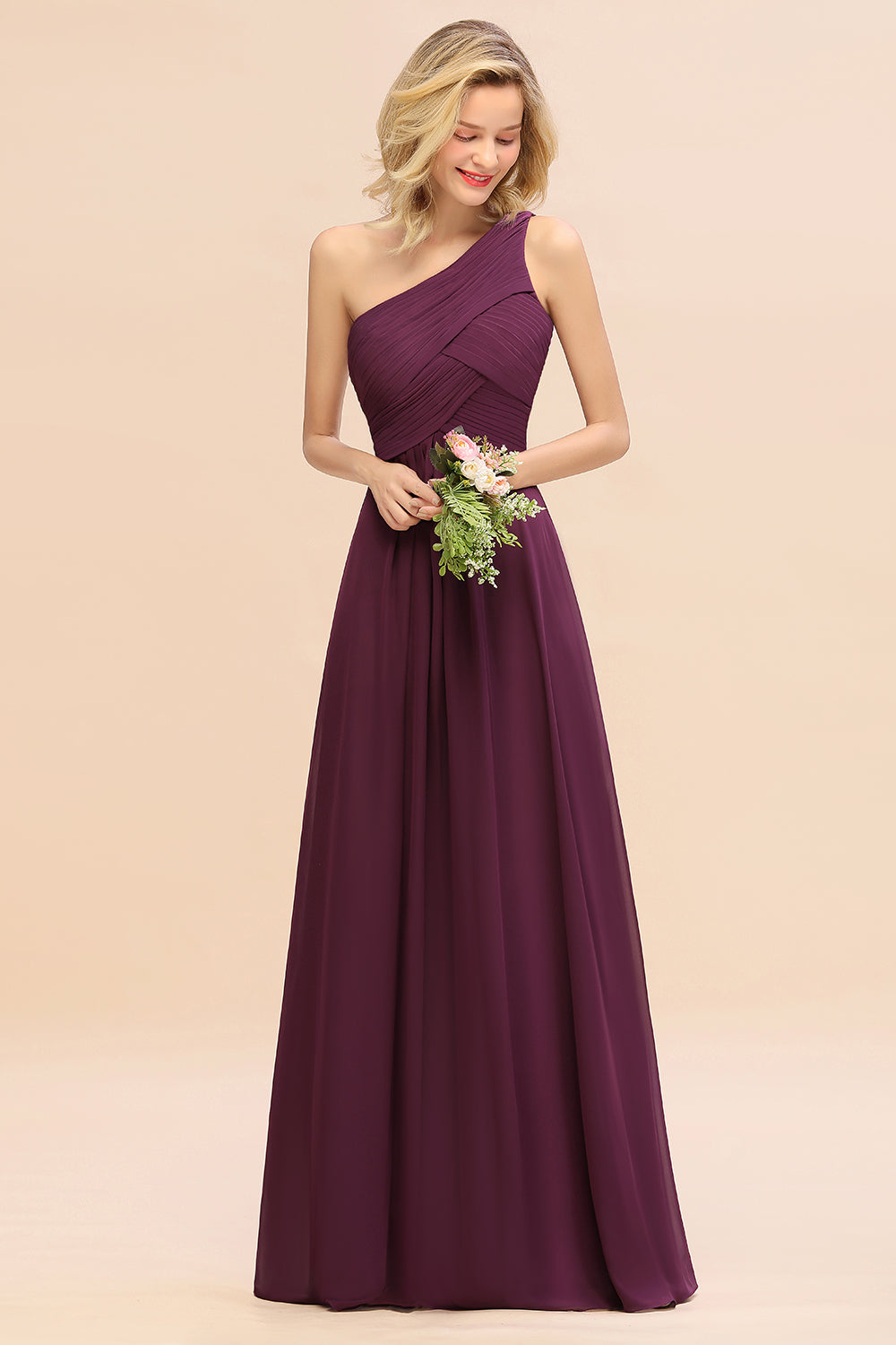 Chic One Shoulder Ruffle Grape Chiffon Bridesmaid Dresses Online-27dress