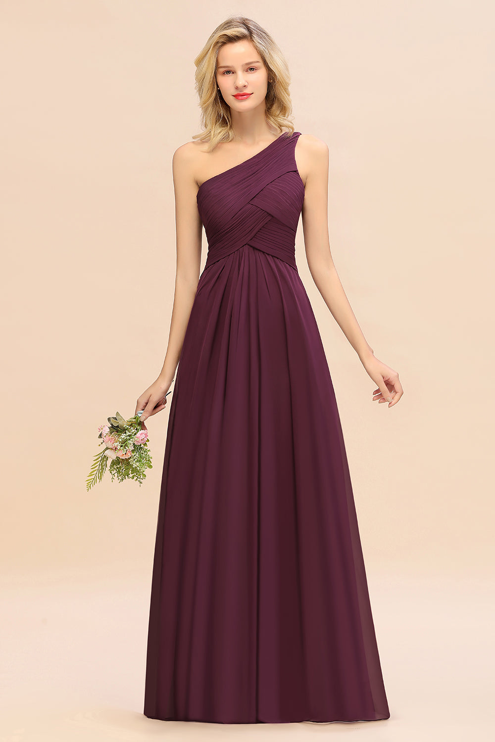 Chic One Shoulder Ruffle Grape Chiffon Bridesmaid Dresses Online-27dress