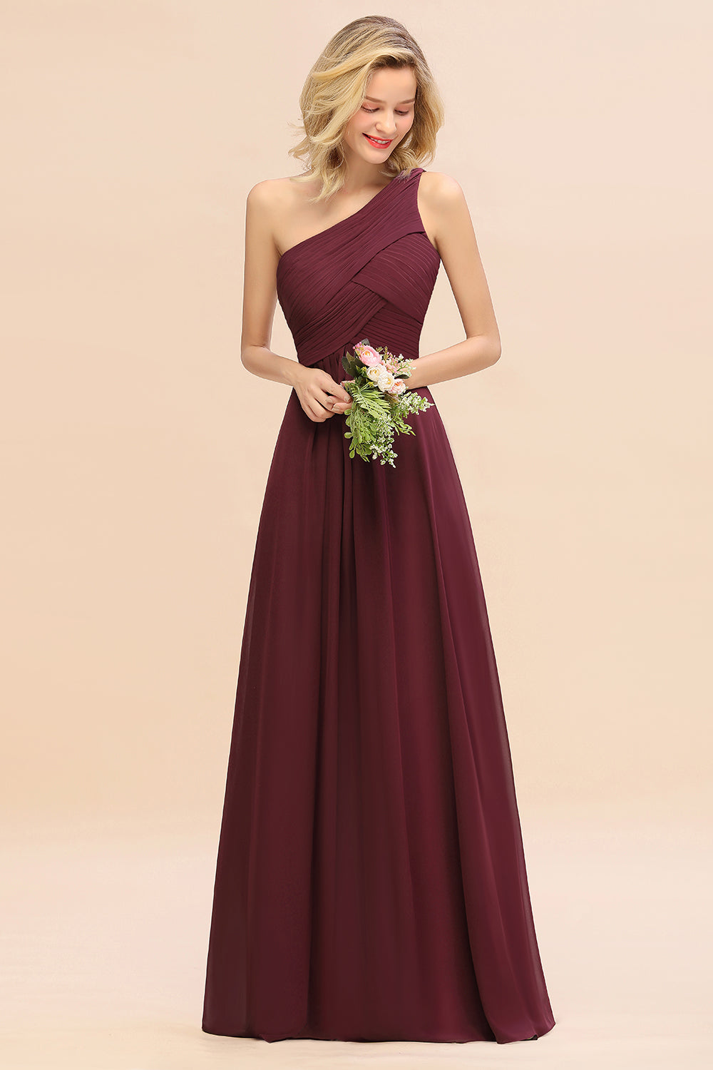 Chic One Shoulder Ruffle Grape Chiffon Bridesmaid Dresses Online-27dress