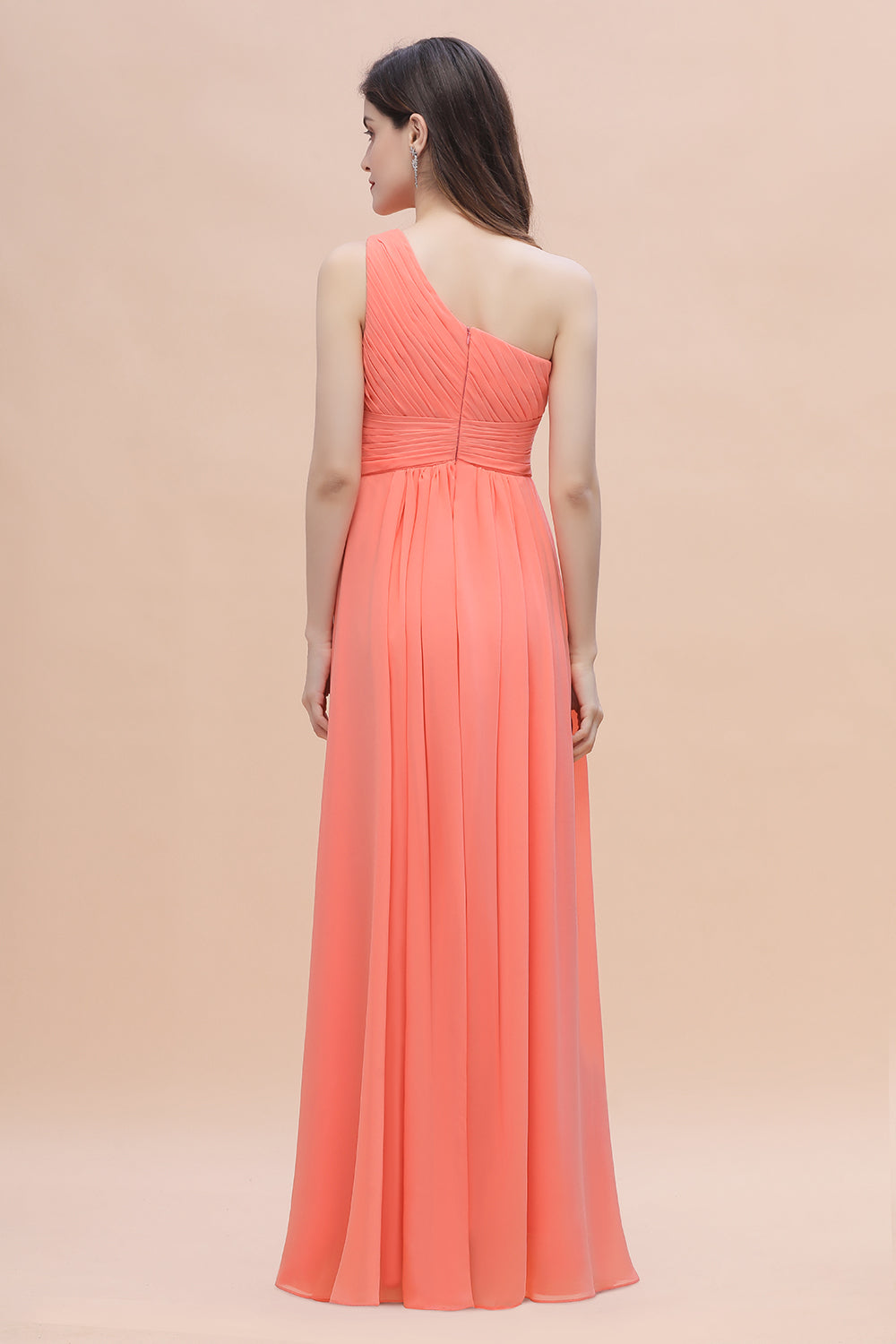 Chic One-Shoulder Ruffles Chiffon Coral Bridesmaid Dresses On Sale-27dress