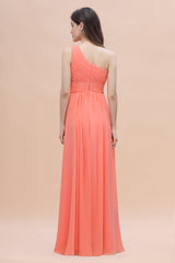 Chic One-Shoulder Ruffles Chiffon Coral Bridesmaid Dresses On Sale-27dress