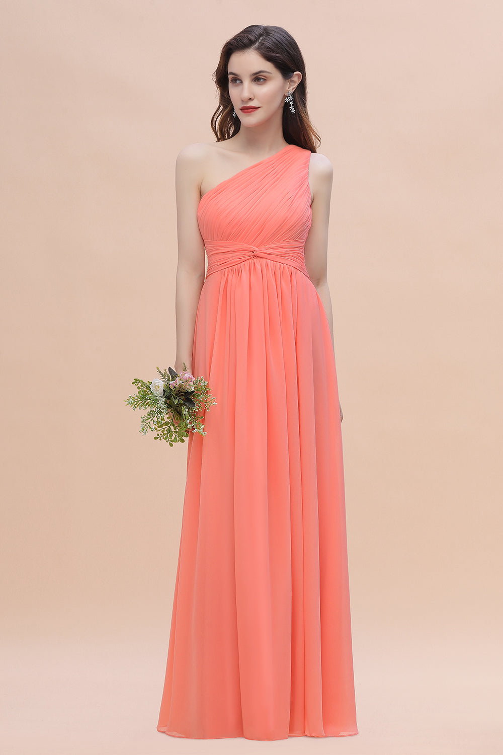 Chic One-Shoulder Sleeveless Ruffles Chiffon Coral Bridesmaid Dresses 27dress Chic One-Shoulder Sleeveless Ruffles Chiffon Coral Bridesmaid Dresses 27dress