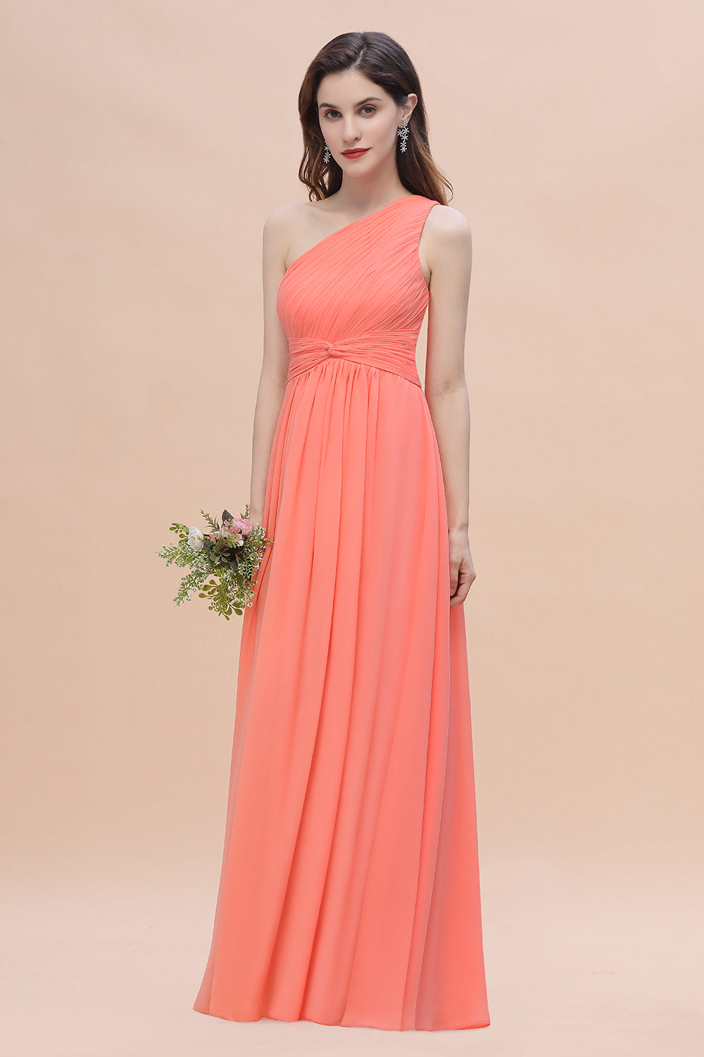 coral bridesmaid dresses Coral One-Shoulder Ruffles Chiffon Bridesmaid Dress