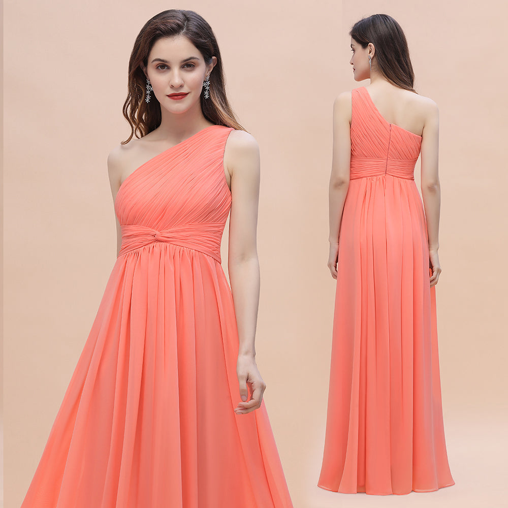 Chic One-Shoulder Ruffles Chiffon Coral Bridesmaid Dresses On Sale-27dress
