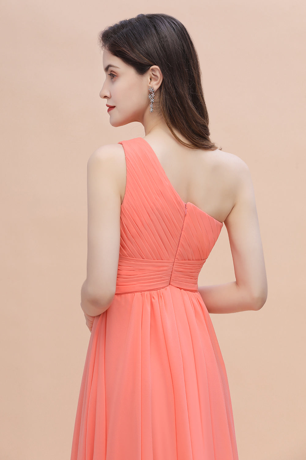 Chic One-Shoulder Ruffles Chiffon Coral Bridesmaid Dresses On Sale-27dress